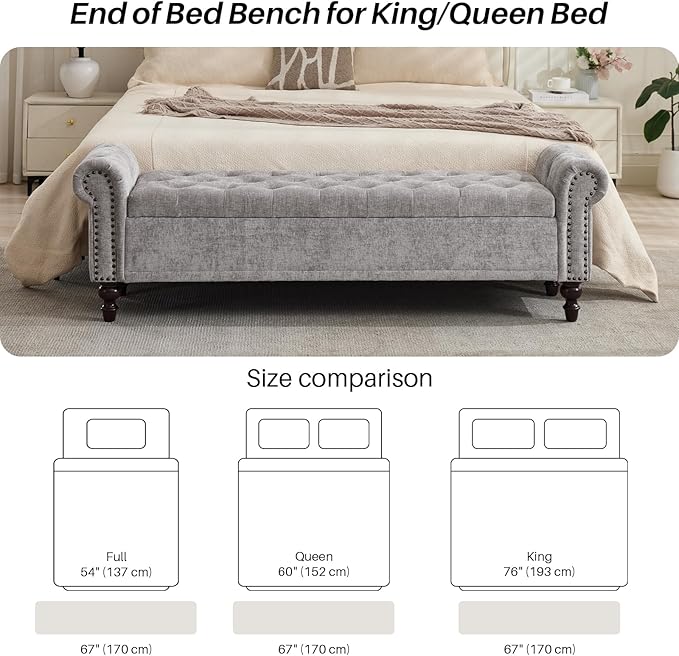SOFTHION Storage Bench for Bedroom, 67" End of Bed Bench King Size, Upholstered Chenille Storage Ottoman with Tufted Cushioned Rolled Arm Large Storage Space for Living Room Entryway, Light Grey