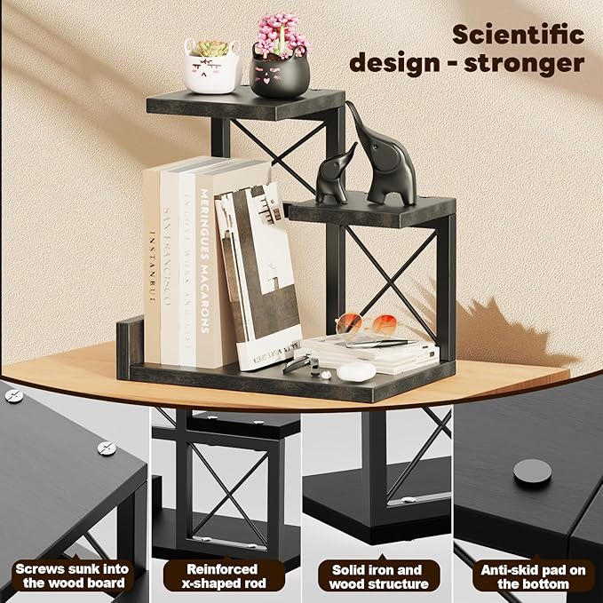 Abiglifty Desk Shelf Organizer, Wooden Desktop Organizers, 3 Tier Desk Hutch Small Bookshelf, Nightstand Organizer, Riser Display Stand for Office, Dorm, Home (Black)