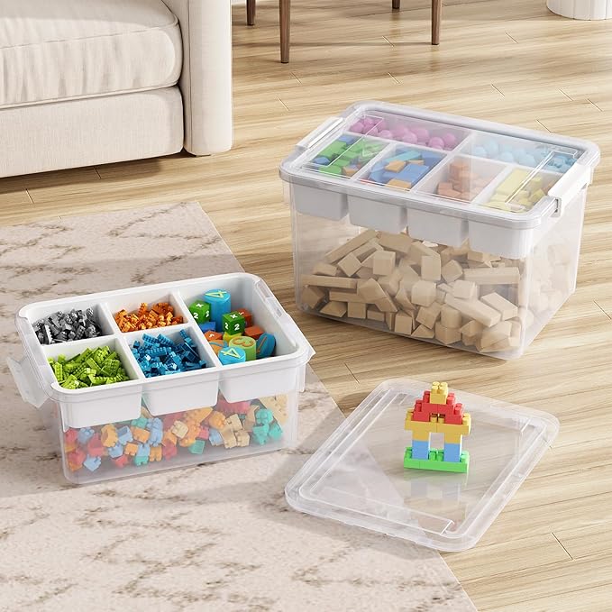 20Qt Stackable Storage Bin with Lid & Tray, Clear Plastic Latching Box Organizer with Divider Portable 5Gal Container for Arts & Crafts, Home and Car Trunk Organization, 1Pack
