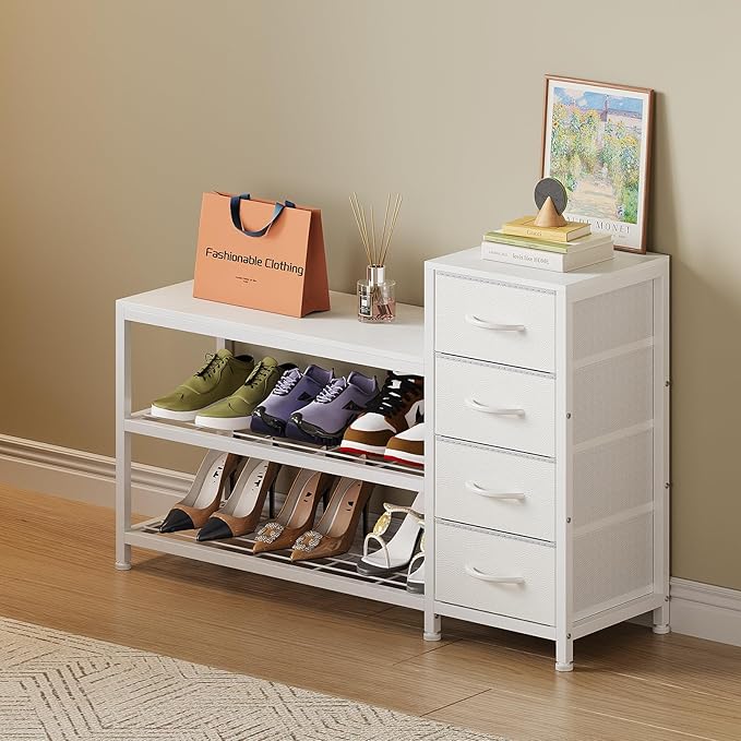 EXOTICA 3-Tier Shoe Storage Bench White Entryway Shoe Rack with 4 Drawers and Seating Shoe Shelf Storage Cabinet for Hallway Front Door Doorway Living Room Mudroom Steel Frame
