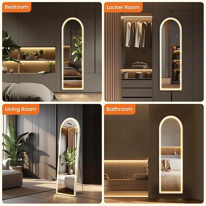 NEWBULIG 60"x16" Arched Full Length Mirror with Light, 3 Color Lighting Full Body Floor Mirror with Aluminum Alloy Thin Frame, Wall or Standing Mirror for Bedroom, Living Room, Dressing Room, White