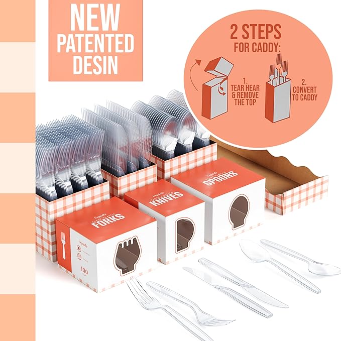 Exquisite Utensil Caddy Organizer with Clear Plastic Forks and Spoons & Knives Gingham Kitchen Utensil Holder for Party with 3 x 100 Plastic Spoons and Forks Disposable Knives Clear Cutlery Set