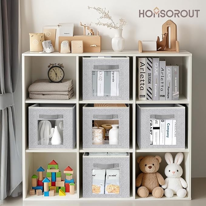 Homsorout Foldable Storage Cubes - Cubby Storage Organizer with Window, Decorative Baskets for Organizing, 11 Inch Fabric Cube Shelf Bins, Set of 10, Light Gray