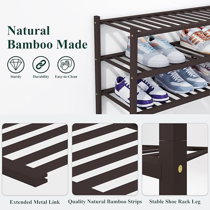 Smiry Bamboo Shoe Rack, 5 Tier Free Standing Wooden Shoe Organizer, Stackable Wood Shoe Storage Shelf for Closet, Entryway, 14 Vertical Slats, 2+2+1 Stack Heavy-Duty Legs, 26.8"x11"x32.5", Brown