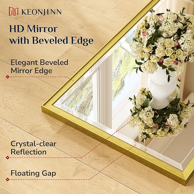 Keonjinn Brushed Gold Bathroom Mirror 24" x 30", Beveled Edge Tempered Glass, Aluminum Alloy Wide Framed, Rustproof, Rectangle, Modern Farmhouse Gold Mirrors for Over Sink(Vertical/Horizontal)