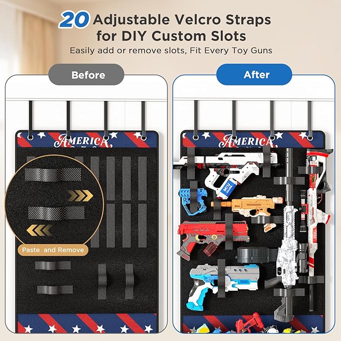 Over the Door Organizer for Toy Guns, Toys Storage Door Hanger with Pockets and Slots for Kids Foam Blasters, Darts, Goggles, Over Door Toys Storage Organizer, for Kids Rooms, Game Rooms, Blue Red