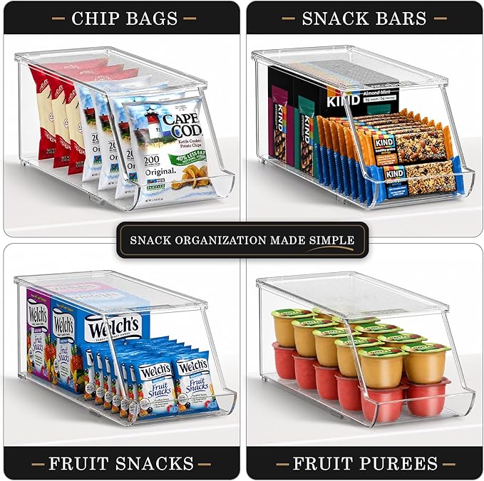 Sorbus Stackable Snack Organizer Bins Open Front – Clear Pantry Storage Bins for Chips, Snacks & Food Pouches – Kitchen Pantry Organizer (4 Pack)