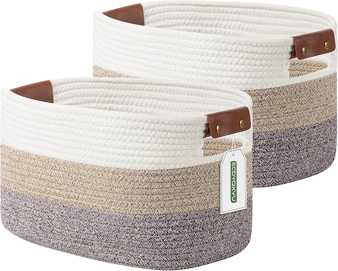 ECDYQXVU Cotton Rope Basket, Storage Baskets with Handle, 15x10x9 Inch Woven Basket for Shelves, Laundry, Towels, Clothes, Books, (Gradient Brown 2 Pack)