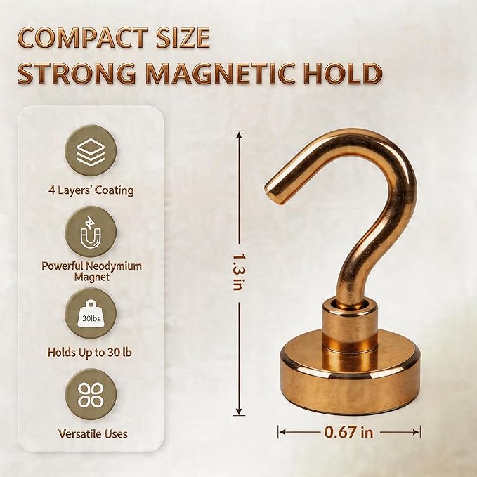 Neosmuk Magnetic Hooks, Heavy Duty 30lb+ Strong Magnet Hook for Cruise Cabins, Cruise Essentials 2026 for Hanging, Metal Wall Refrigerator Hangers (Bronze, 15 Pack)