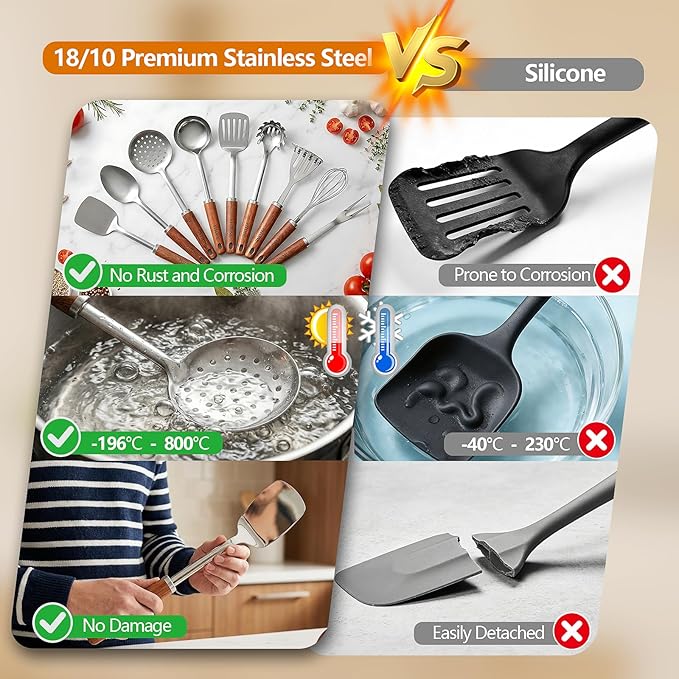 9PCS Stainless Steel Kitchen Utensils Set, Heavy Duty Wooden Handle Cooking Utensils, Metal Cookware Utensils with Spatula, Ladle, Skimmer, Spaghetti Spoon and Potato Masher, Easy to Clean