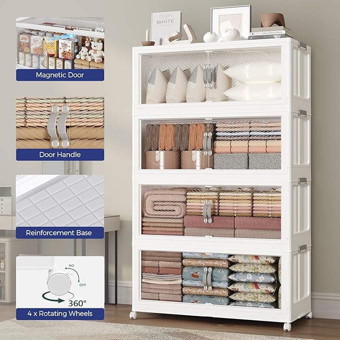 240QT Extra Large Stackable Storage Bins with Lid & Wheels & Doors, 60Gal Foldable Collapsible Closet Organizers, Plastic Cabinet Box Container Drawer for Home Kitchen Bedroom, 4Pack White