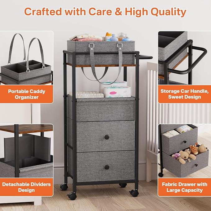 Modanais Baby Diaper Caddy Organizer Cart with Drawers - 3In1 Rolling Storage Cart with Wheels, Removable Diaper Caddy, Detachable Dividers - for Crib, Bedroom, Art & Craft Organizer (Black)