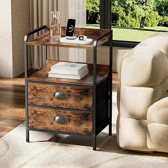 Night Stand Set 2, Nightstand with 2 Fabric Drawer, End Table with Open Shelf, Bedside Table Side Table with Wooden Top for Bedroom, Rustic Brown
