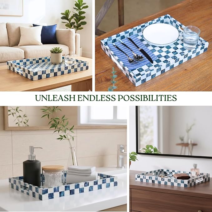 CHI AN HOME 15.8" x 11.8" Decorative Rectangular Tray with Natural Capiz Shells, Checkered Tray with Handles, Serving Tray for Ottoman, Coffee Table, Kitchen Counter Home Decor (Navy Blue)