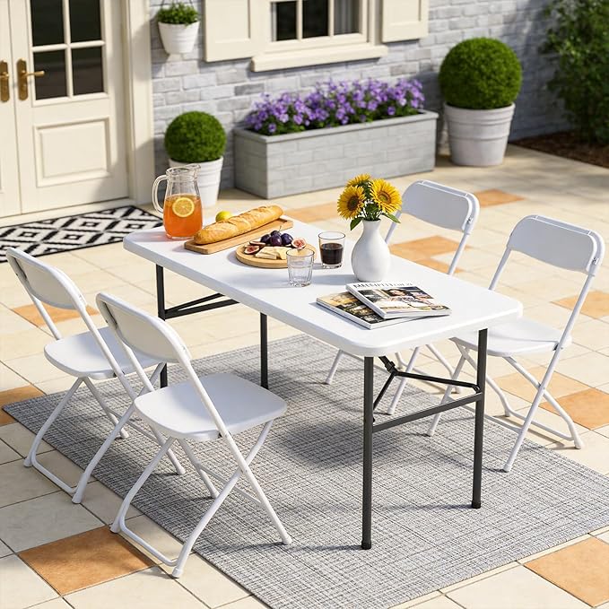 4ft Folding Table with Foldable Steel Legs, Heavy Duty Plastic Foldable Table, Metal Frame Supports up to 400 lb, Portable Table for Banquet, Craft, Party, Indoor & Outdoor Use, White, 6 Pack