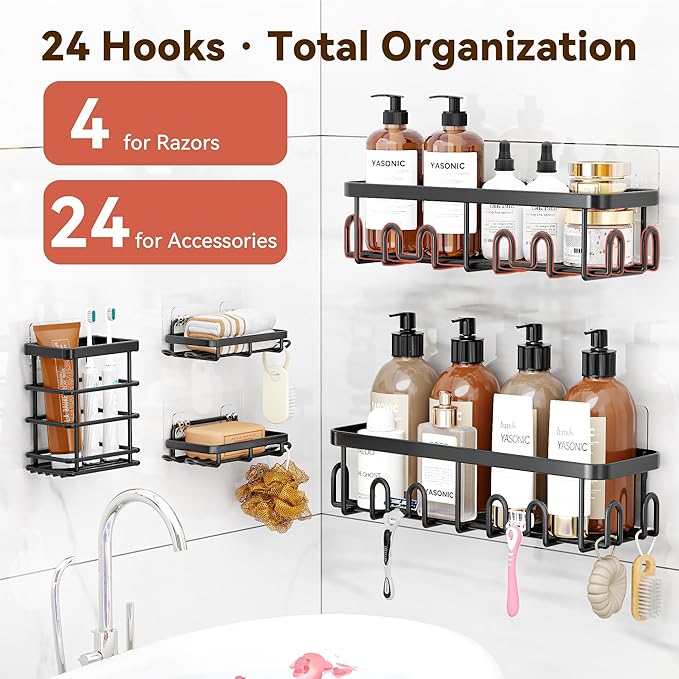 YASONIC Shower Caddy Adhesive 5-Pack, Rustproof Shower Organizer with Holder, No Drilling Shower Shelves for Inside Shower, Large Capacity Bathroom Organizers and Storage for Home & Renters, Black