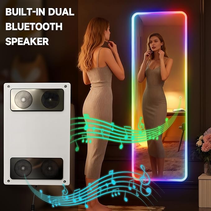 Hasipu 43"x16" LED RGB Bluetooth Door Mirror Full Length, Full Body Full Length Over The Door Mirror with Lights, Door Hanging & Wall Mounted Mirror for Bedroom, Living Room, Cloakroom