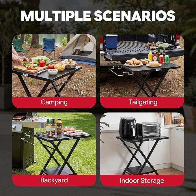 Feasto Outdoor Grill Table, Foldable Pizza Oven Stand & Griddle Stand with Garage Rack & Tissue Holder, Folding Outdoor Prep Table for Gathering and Party, 30" x 24", Black