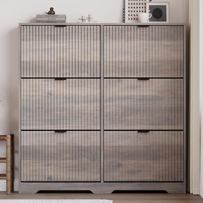 BORNOON Large Shoe Cabinet for Entryway, Tall Narrow Shoe Storage Cabinet with 6 Flip Drawers and Adjustable Shelves, Shoe Rack Cabinet Organizer for Hallway, Foyer, Small Apartment
