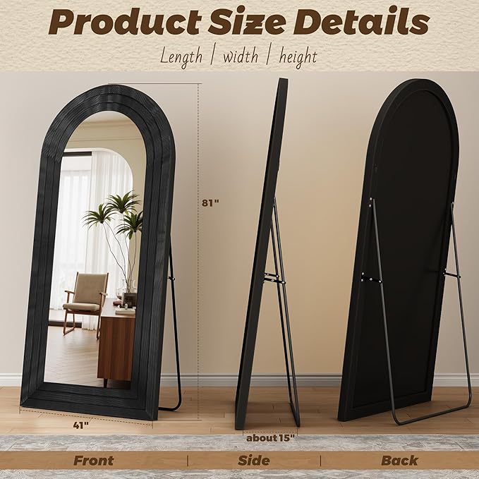 Antok Full Length Mirror with Solid Wood Frame, 81"×41" Wall Mounted Oversized Floor Mirror with Stand, Leaning Standing Hanging for Bedroom Living Room Entryway, Black, Arched Syle