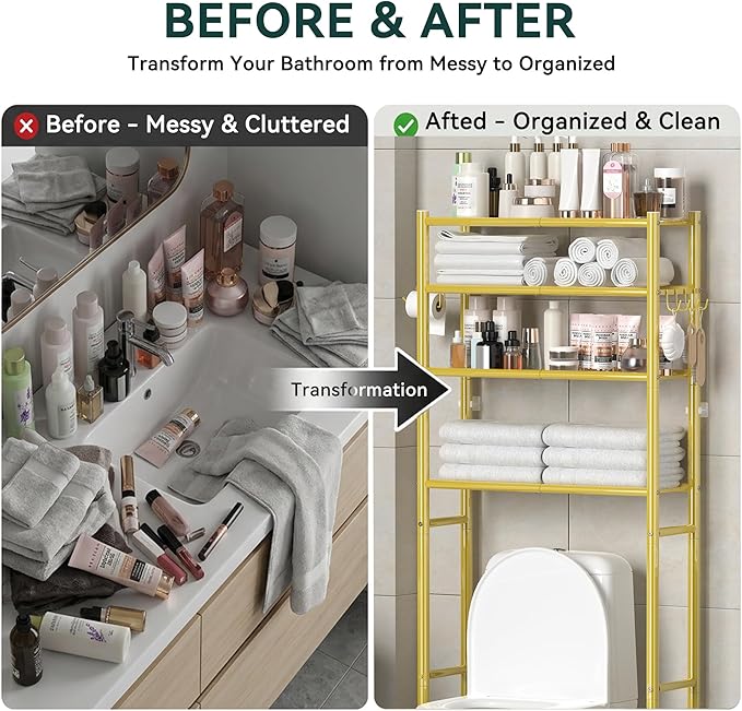 GloTika 4-Tier Over The Toilet Storage, 200lb Total Capacity Metal Bathroom Organizer with 36" Clearance, Includes Paper Holder & 4 Hooks, Space Saving Rack for Bathroom Laundry Room (64" H, Gold)