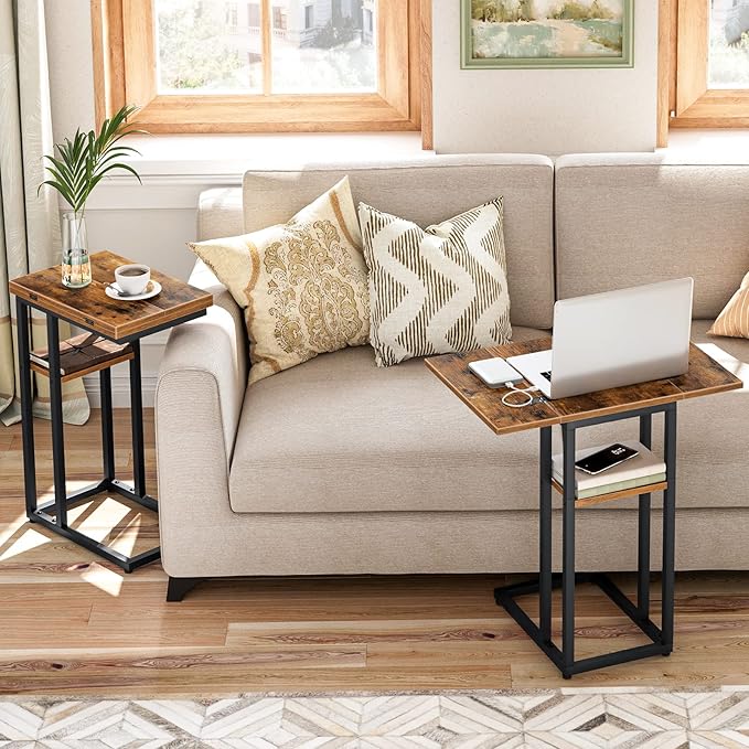 HOOBRO Foldable C Shaped End Table, C Shaped Side Table with Storage Shelf, Small Snack Table, Slide Under Couch Table for Sofa, Living Room Bedroom Small Spaces Easy Assembly, Rustic Brown BF29SF01