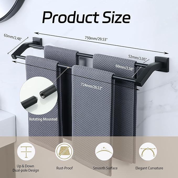 Alise Double Towel Bar, 28 Inch Towel Rack for Bathroom Wall Mounted, SUS304 Stainless Steel Bathroom Towel Holder Joining Process Towel Rail for Bathroom,Matte Black