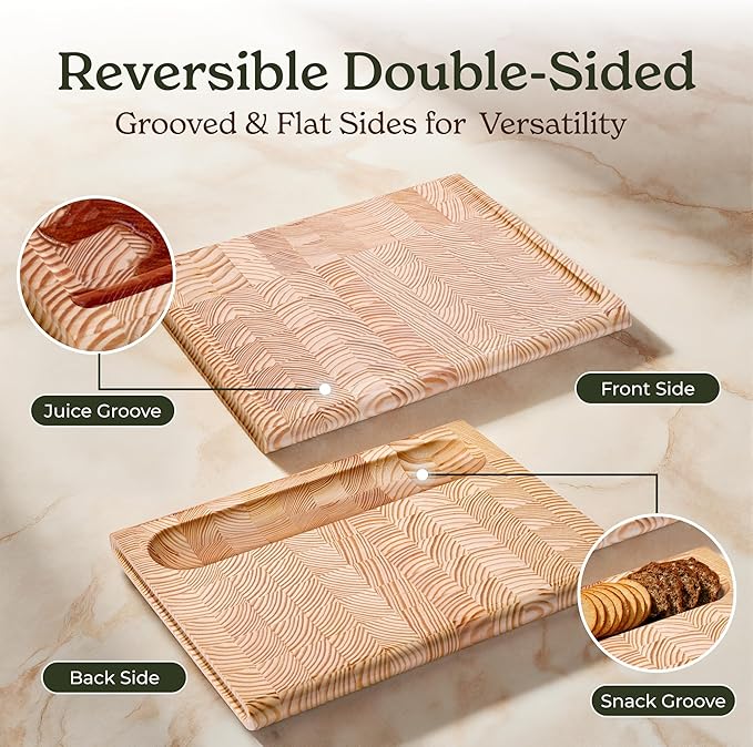 Smirly Reversible 17" Large Larch Cutting Board for Kitchen - 1.2"Th Heavy Duty Real Wood Cutting Board with Deep Juice Groove - Reversible Wooden Cutting Board for Multiple Uses - Only 1 Piece