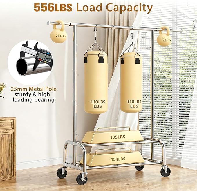 Simple Trending Heavy Duty Clothes Rack, Garment Rack with Extendable Side Rods & Botton Shelves, 25mm Metal Clothing Rack with Wheels, Bedroom, Laundry Room, Silver