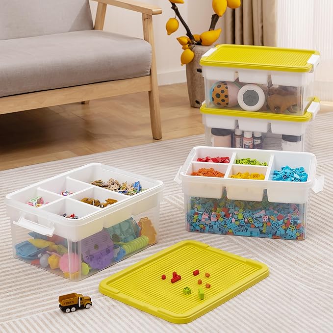 Citylife 17 QT Plastic Storage Box with Building Baseplate Lid and Removable Tray Craft Organizers and Storage Clear Storage Container for Organizing Bead, Tool, Sewing, Yellow-4 Packs