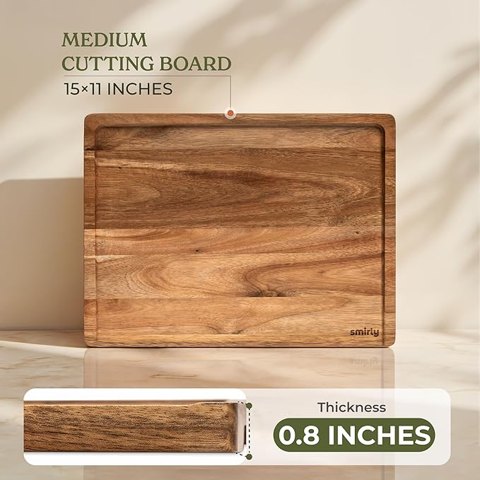 SMIRLY Acacia Wood Cutting Board for Kitchen - Wood Cutting Board for Meal Prep, Serving, Charcuterie - Kitchen Gadgets, House Warming Gift - Small Wooden Chopping Board Non Toxic - 1 Pack