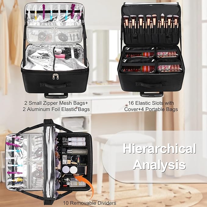 Relavel Cosmetology Case on Wheels, Extra Large Rolling Makeup Travel Train Case with 360° Spinner Wheels, 3 Layer with Insulation Compartment & 4 Clear Bags, Professional Makeup Artist Bag Set