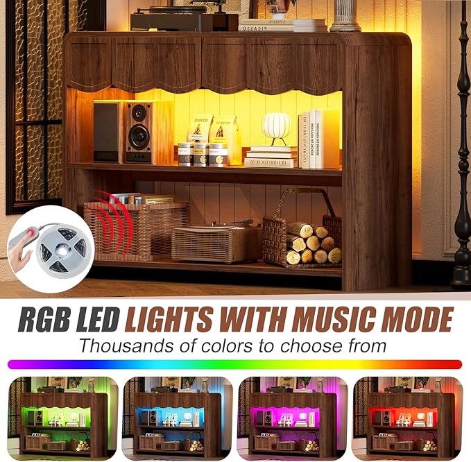 PAKASEPT Retro Entryway Table with RGB LED Lights, 43" Walnut Console Table with 3 Drawers & 2 Open Storage Shelves, Mid-Century Modern Hallway Accent Tables Behind Couch Table for Living Room
