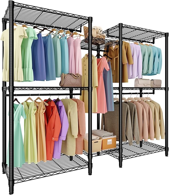 Freestanding Heavy Duty Garment Rack with Adjustable Shelves and Hanging Rods, Large 1870 Lbs Capacity Portable Closet Organizer for Bedroom or Cloakroom Storage, Black