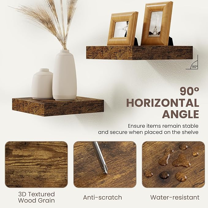 Floating Shelves for Wall 9 Inch,9.3" Deep Square Floating Shelf Set of 3,Wall Shelves Hanging Shelf with Invisible Brackets,Wall Mounted Shelf for Kitchen Living Room Bedroom Bathroom,Rustich Brown