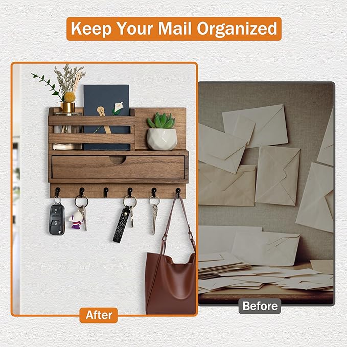 dreampossible Key and Mail Holder for Wall, Mail Organizer Wall Mount with 6 Hooks and Storage Drawer, Wooden Key Rack Hanger with Shelf for Entryway and Home Decor