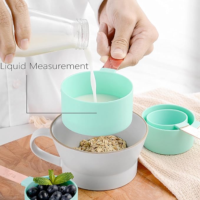 Rose Gold Stainless Steel Handle Measuring Cups and Spoons Set, 8 Piece Stackable Accurate Tablespoon for Measuring Dry and Liquid Ingredients Small Teaspoon with Plastic Head (Green)