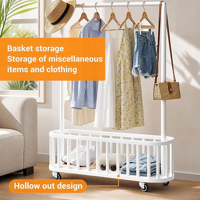 IDEALHOUSE Metal Clothing Rack with Wheels, Rolling Garment Rack with Hanging Rod, Storage Basket Shelf and 4 Hooks, Portable Standing Clothes Rack for Bedroom, Closet, Living Room, Entryway,White