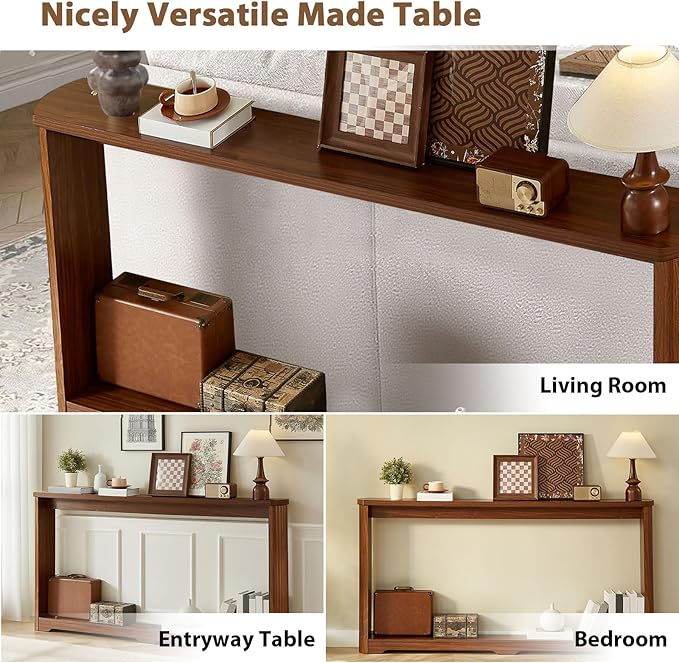 70" Extra Long Narrow Console Table, Fluted-Side Sofa Table with Open Shelf, Entryway/Hallway/Living Room Console – Walnut