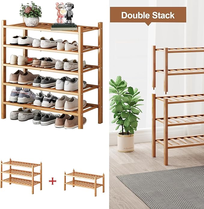 Bamboo Shoe Rack Organizer for Closet and Entryway - Space-Saving Shoe Stand with Narrow Design - Versatile Shoe Holder for Door or Closet Shelf,Garage Bedroom can Freely Stack DIY Small Shoe Racks