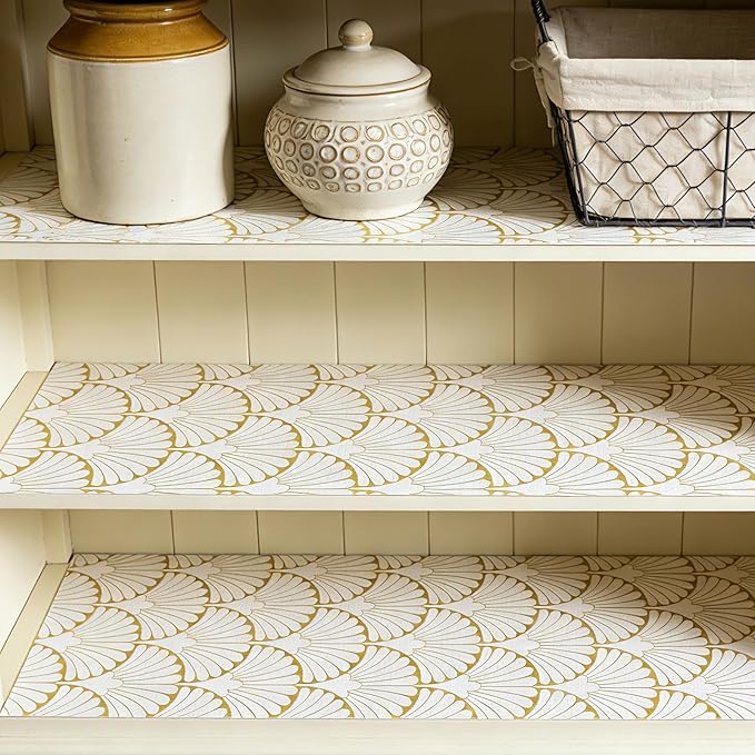 Shelf Liners Non Adhesive Gold Background White Fan-Shaped Pattern - Thickened Non-Slip Easy to Clean Drawer Liner for Kitchen Cabinets, Tool Box,Refrigerator,with Knife & Tape Measure,12in x 20FT.
