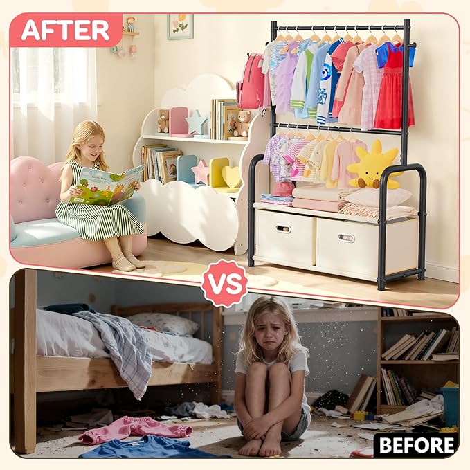 Kids Clothes Rack with 2 Tier Storage Racks and 2 Adjustable Hanging Poles, Small Baby Closet Organizer for Hanging Clothes, Kids Dress Up Rack (Upgrad, Black)