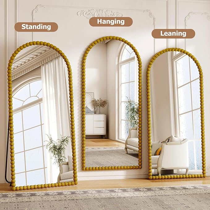 34"x76" Gold Arched Full Length Mirror, Vintage Beaded Decorative Floor Full Body Dressing Mirror as Room Decor Hanging Leaning Standing for Living Room, Bedroom, Vanity Area
