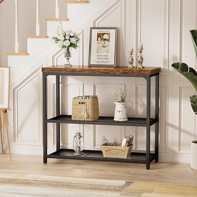Besiost 32" Small Console Table with Storage, 3-Tier Industrial Narrow Entryway Table with Mesh Shelves, Sofa Table Behind Couch for Hallway Foyer Living Room, Sturdy Metal Frame, Rustic Brown