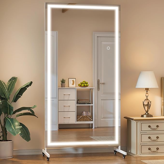 Hasipu Home Gym Mirror with Light 360° Swivel on Wheels, 65" x 22" Extra Large Full Length Rolling LED Mirror for Yoga Studio, Bedroom, Dancing Studio, White