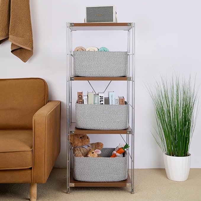 MiniArk Large Storage Baskets for Organizing, Closet Shelf Baskets for Clothes Blanket Towels, Baby Nursery, Toy Bins Box, Woven Rope Baskets, 17 x 13 x 7.5”, 4 Packs Mixed Grey