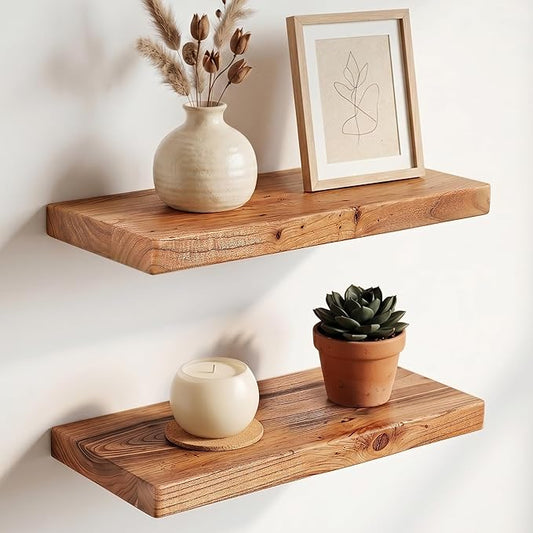 18 Inch Floating Shelves, Solid Wood Wall Shelves, 8 Inch Deep Floating Shelf – for Bathroom, Bedroom, Living Room, Kitchen, Home Decor & Storage, Heavy-Duty Wooden Shelf Wall-Mounted, Set of 2