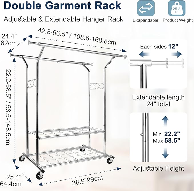 Whitmor Heavy Duty Clothing Rack, Adjustable & Extendable Rolling Garment Rack with Lockable Wheels, Double Rod Clothing Racks with 2 Bottom Shelves, Max Load 500LBS for Hanging Clothes, Chrome