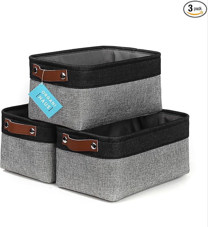 OrganiHaus 12x8in Canvas Storage Baskets 3 Pack | SMALL Fabric Bins for Shelves | Pantry & Bathroom Organizer | Gray/Black