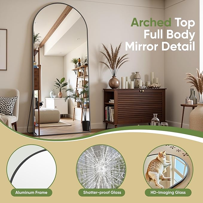 Full Length Mirror, 76"x34" Arched Full Body Mirror, Floor Mirrors with Stand, Body Mirrors Standing Hanging Leaning Against Wall,Aluminum Frame Mirrors for Bedroom Cloakroom,Living Room,Black